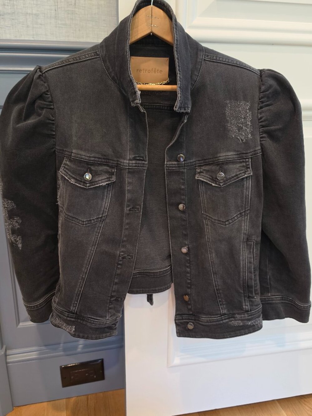 Retrofête Black Distressed Puff Sleeve Denim Jacket L